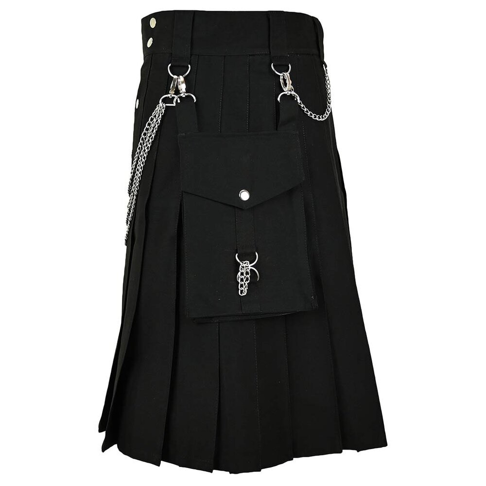 Men’s Black Utility Kilt Cargo Silver Chains Heavy Duty Adjustable